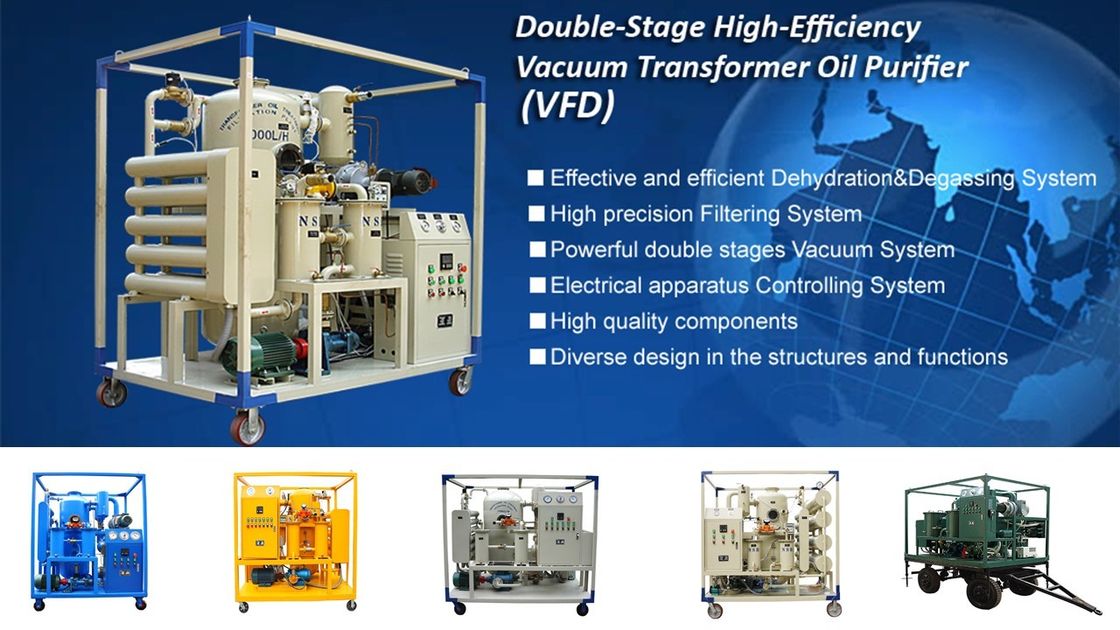 Mobile Double-Stage Vacuum Oil Purifier 600-18000LPH Flow Rate 75KV Dielectric Strength Recovery